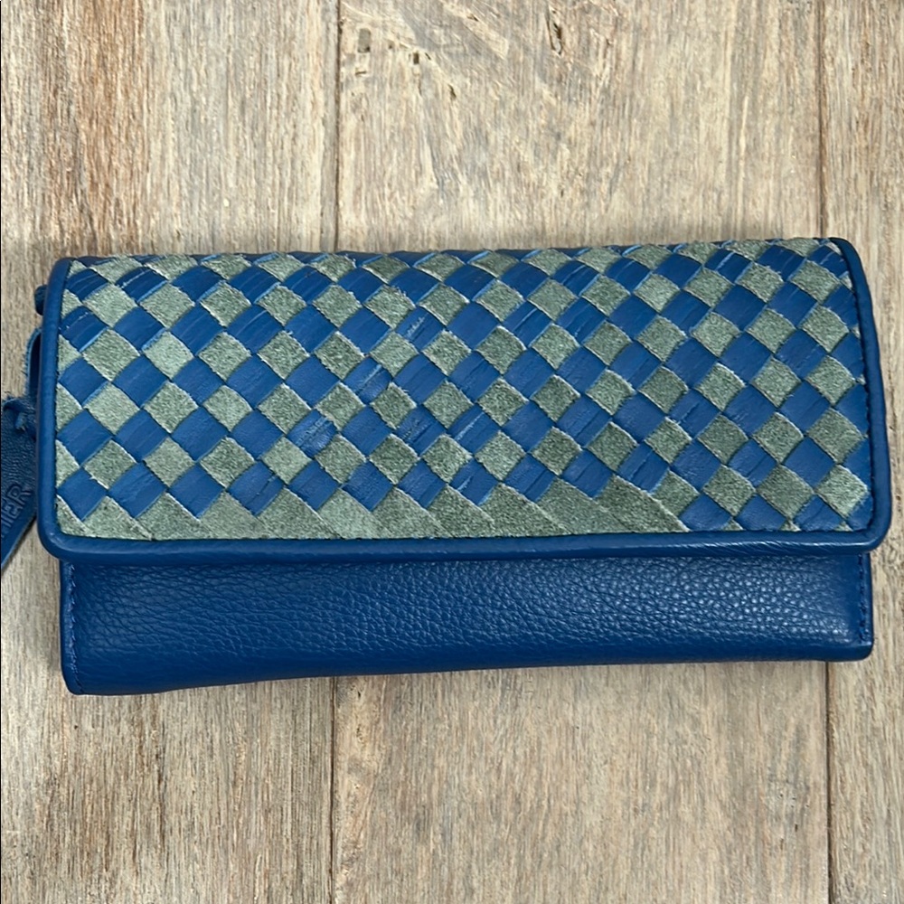 Blue and Gray Suede Woven Leather Clutch wallet - like new